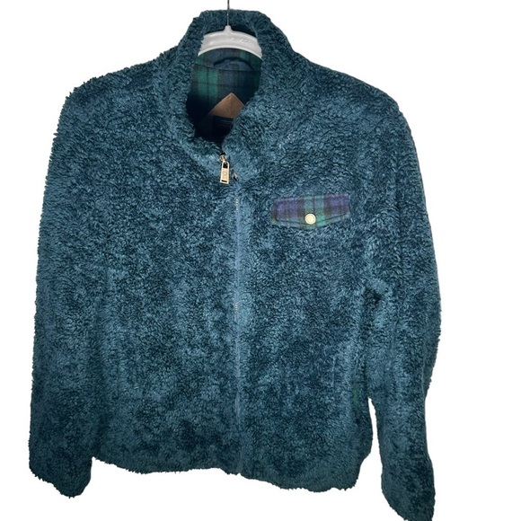 Pendleton Blue Teddy Sherpa Plaid Full Zip Long Sleeves Pockets Jacket Sz Large - Picture 1 of 13